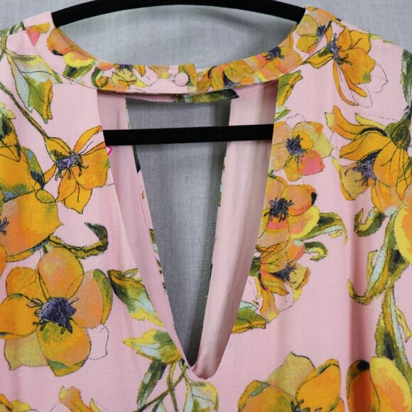 Free People Tegan Mini Dress 12 Pink Orange Floral Long Bell Sleeve V-Neck Pleat - Picture 15 of 16